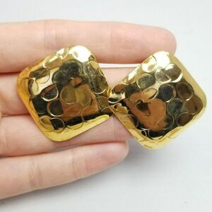 Vintage Gold Tone Square Shape Stud Earrings, Textured Hammered Finished, 80s